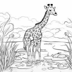 giraffe eating leaves in front of a pond