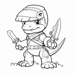 a dinosaur soldier wearing a helmet and wielding a sword