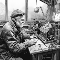 an old ham radio operator talking on his radios on a rainy day