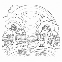 a magical forest landscape with a rainbow