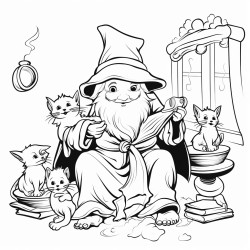 happy wizard in a room playing with cats