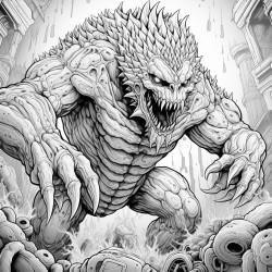 monster made of lava shooting a lava minigun