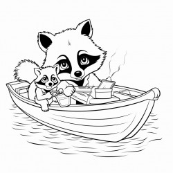 papa racoon helping baby racoon with his boat toy storybook style