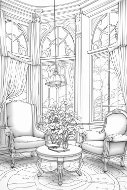 art deco living room tall windows floral curtains