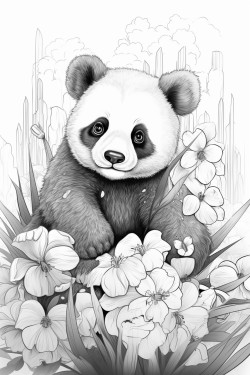 crea una panda jugando con mariposas en una pampa primaveral