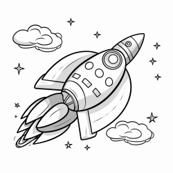 a mischievous spaceship zooming through a starry sky leaving a trail of smoke