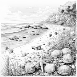 a sunset at the beach with sea shells