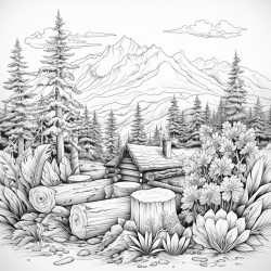 log cabbin trees and mountains