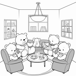 illustration a group of teddy bears sitting in a circle discussing their band plans with a teddy bear holding a notepad background a cozy living room with musical posters on the walls and a coffee table with snacks