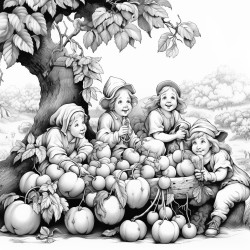 a diverse group of happy fairies pick magical fruits in an orchard on a sunny day with pleasant breeze