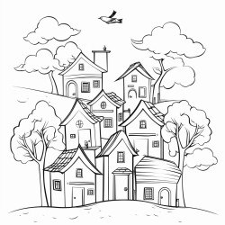 birds sauring above houses