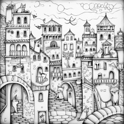 a whimsical italian village with cats