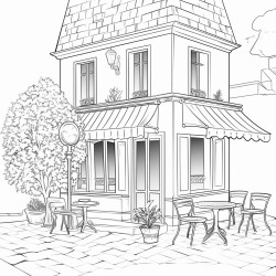 create a simple black and white line drawing of a quaint welcoming cafe