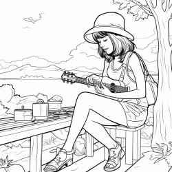 silhouette style women in a baseball cap playing ukulele at a picnic table