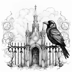 a crow sitting on a gothic gate surrounded by swirling fog