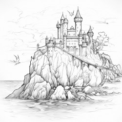 castle on a rocky hill over the water with a dragon flying out of the water