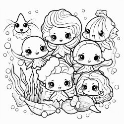 kawaii mermaids and sea creatures living in a deep ocean