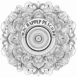 create a coloring page featuring the word happiness in a vibrant intricate mandala style