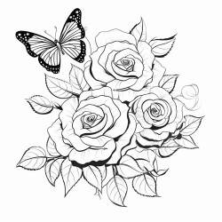 create a blackandwhite coloring page of blooming roses with bold defined petals include butterflies hovering or landing on the roses keeping their wings detailed but simple with bold lines ensure the design is elegant and clear with ample open spaces for easy coloring