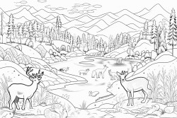 a winding frozen river lined with frosty trees and rocks woodland animals like foxes deer and rabbits skate playfully on the ice each animal has a unique pose and their fur is dusted with snowflakes small pine trees and snowcovered rocks surround the scene