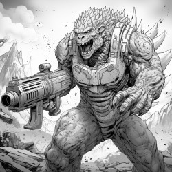 monster made of lava shooting a lava minigun