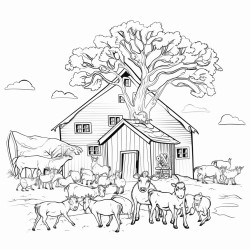 a large tree with roots showing barn and goats in the backgroun