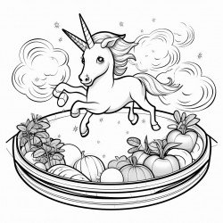 unicorn jumping on a trampoline made of vegetables