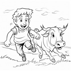 cow chasing scared boy