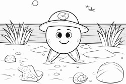 snowman on a deserted island with starfish eyes and a coral noes and seashell buttons