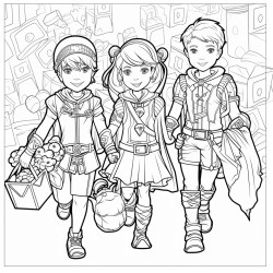 kids in diverse costumes superheroes pirates fairies holding bags of candy