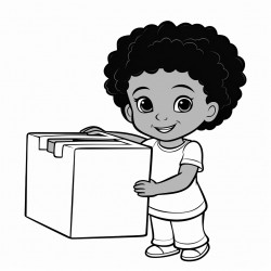 african american little girl  wearing a dress with fringes at the bottom that is lifting a heavy box