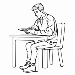 a man sitting at a table and taking a bite of a book