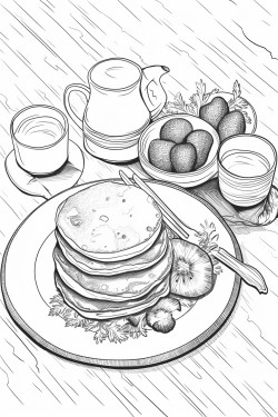 pancakes and a poached egg on the table with two cups of coffee