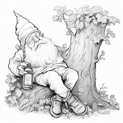 drunkyard gnome with a bottle of vine sleeping under a tree
