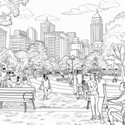 a scene of black and brown peoplein in a city park with buildings in the background