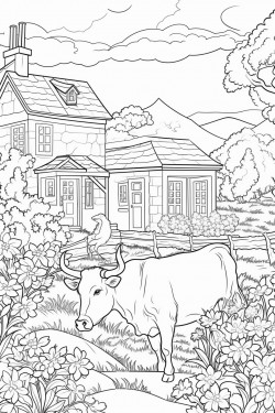 cows graze in lavender fields whimsical landscape with a quaint stone house surrounded by flowers and a cypress tree