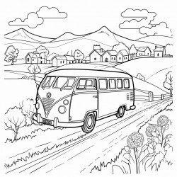 a camper van driving on a country road with farms in the background