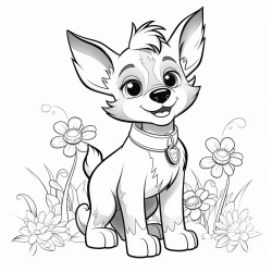 bolt and simpel black and wite coloring page of cute puppy sarounded by flowers