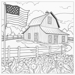 american flag white fence and a barn