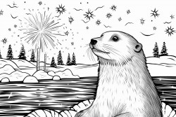an otter and a cicada watching fireworks by a river
