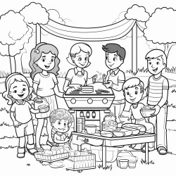 a big family party at the park with kids playing  cooking food on a grill