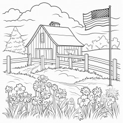 american flag white fence and a barn