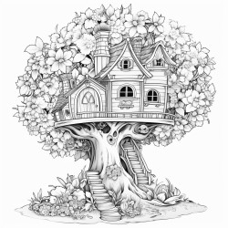 house in a tree with flowers