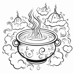 image with black lines on a white background illustrating a witchs cauldron bubbling with potions for coloring in large basic shapes coloring book style no solid fill ample white space for easy coloring ideal for kids enhanced line clarity