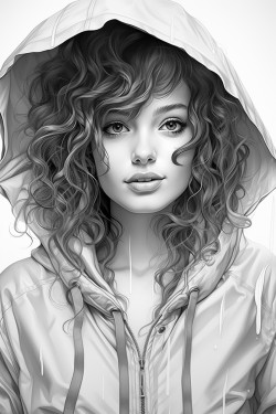 woman with hair just below shoulders wearing only a raincoat with the hood up and an umbrella open in her hands