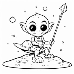alien sitting on a meteorite holding a fishing rod