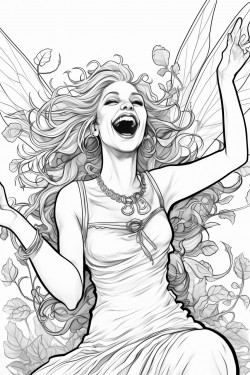 a laughing but disheveled fairy throwing her arms up in the air