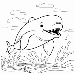 a happy whale jumping out of the water waving