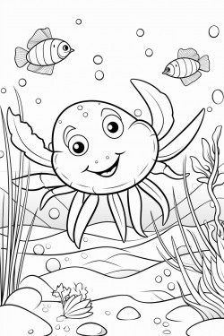 cute crab with fish in backround and ocean details