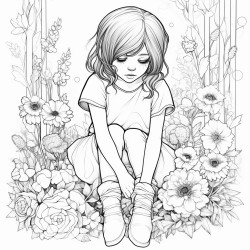 a sad little girl with skinned knee sitting in garden with lots of flowers looking at her knee